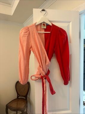 Farm Rio for Anthropologie Two-Tone Pink and Red Wrap Top